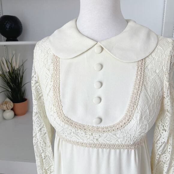 Vintage Dresses & Skirts - Vintage 60s Mod Handmade Peter Pan Collar Button Bib Lace Wedding Dress Size 0